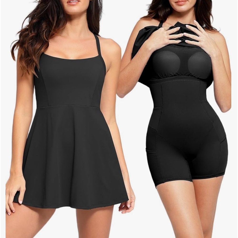 Black Swimdress with Shapewear Bodysuit - Classic Black